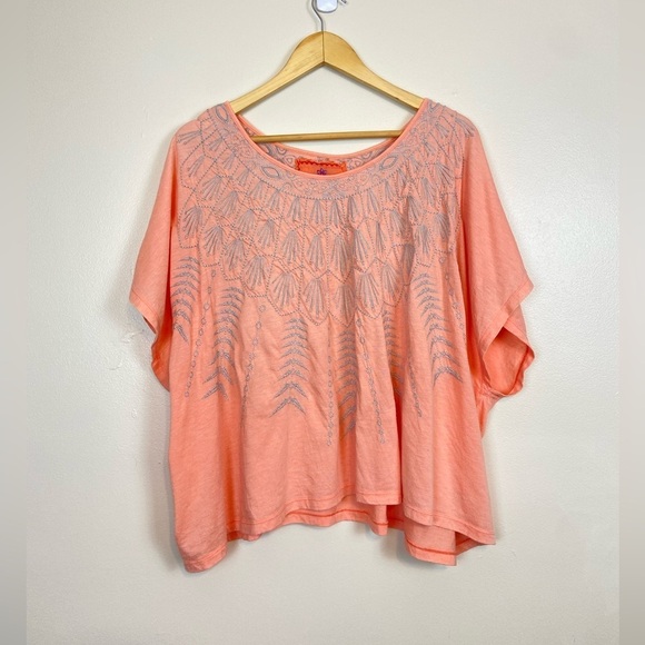 Johnny Was Oversized Boho Flowy Embroidered Coral Peach Top Beachy Vibes Comfy - Picture 2 of 8